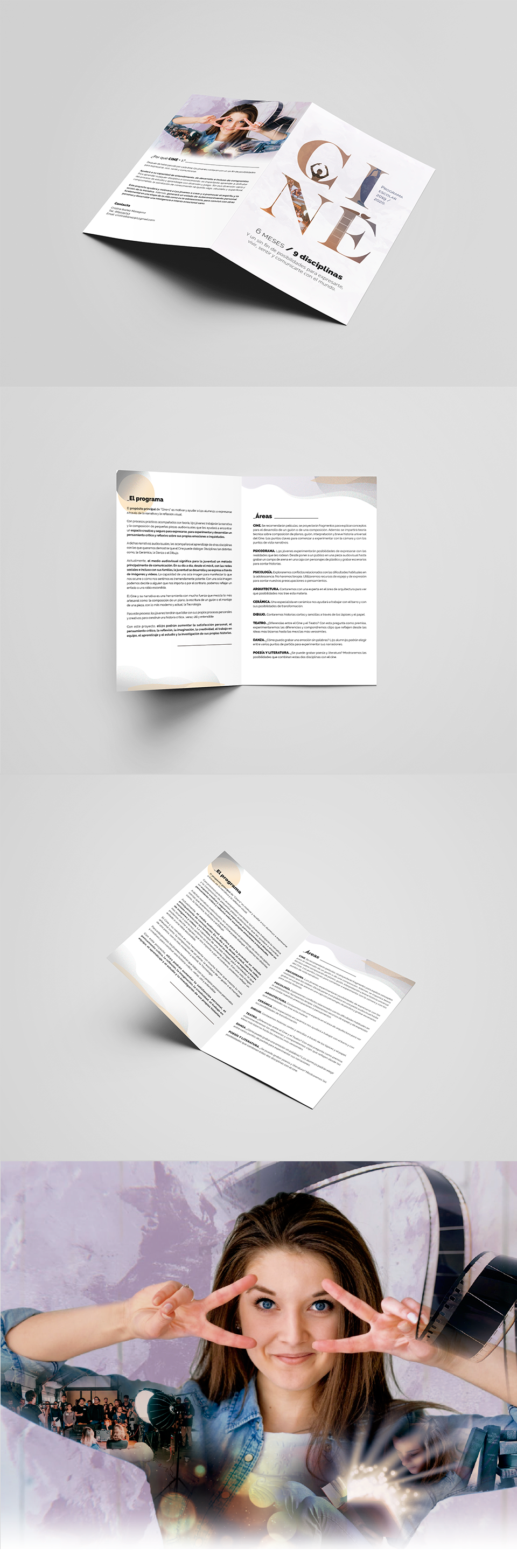 Fotos varios ángulos díptico Programa Escolar 2019-2020 Cine+1 por Cristina Ibáñez Masegosa